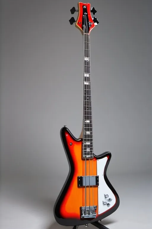 Prompt: An angular 4-string offset electric bass guitar inspired by the Eastwood Airline Map Bass, Sidejack Bass, and Airline 59