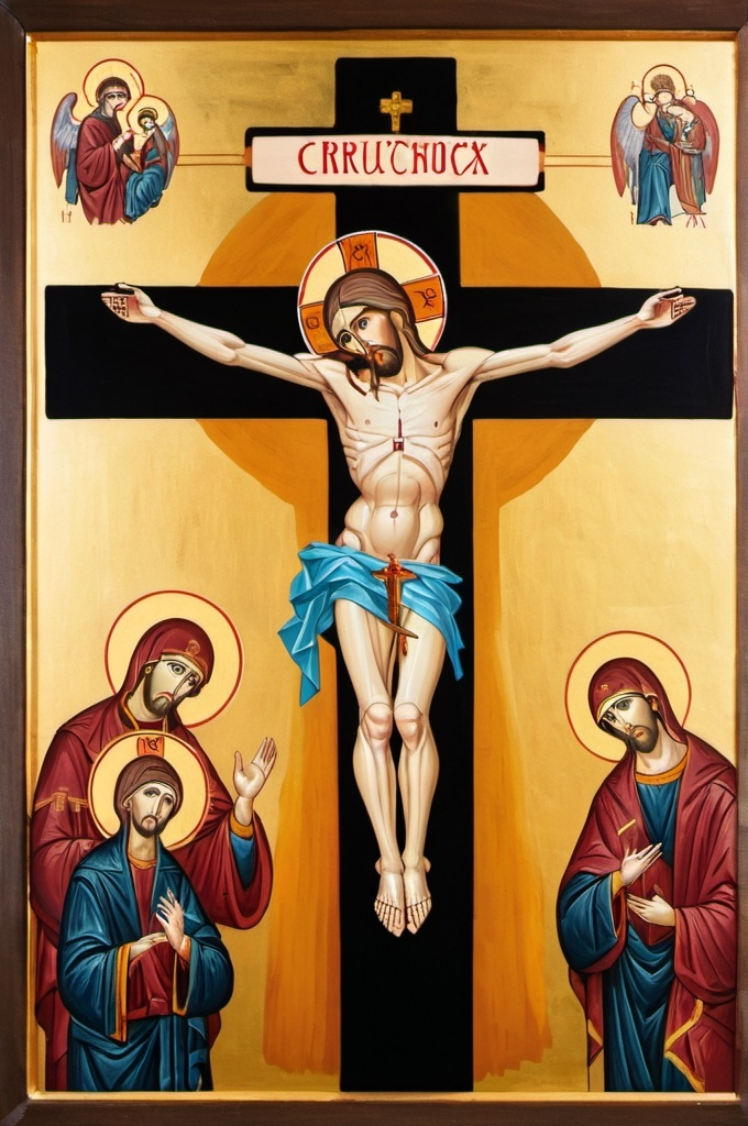 Prompt: An Orthodox church art-style painting of a crucifix