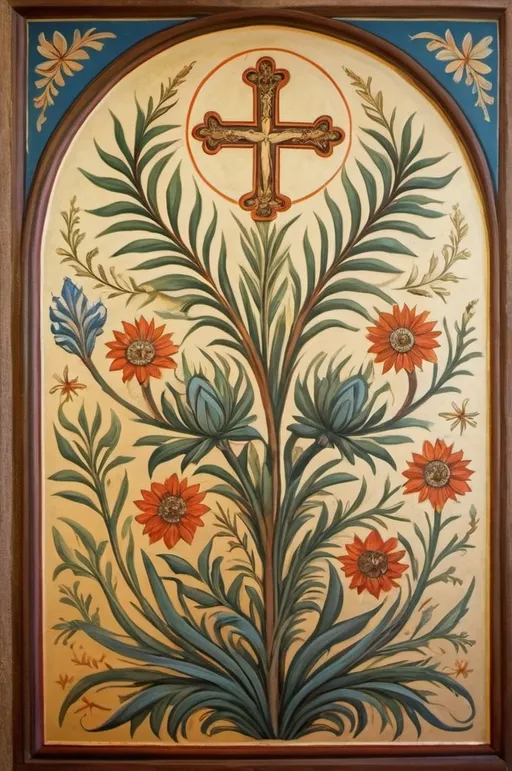 Prompt: A painting in the style of Orthodox church art, with naturalistic designs reminiscent of Mediterranean plants