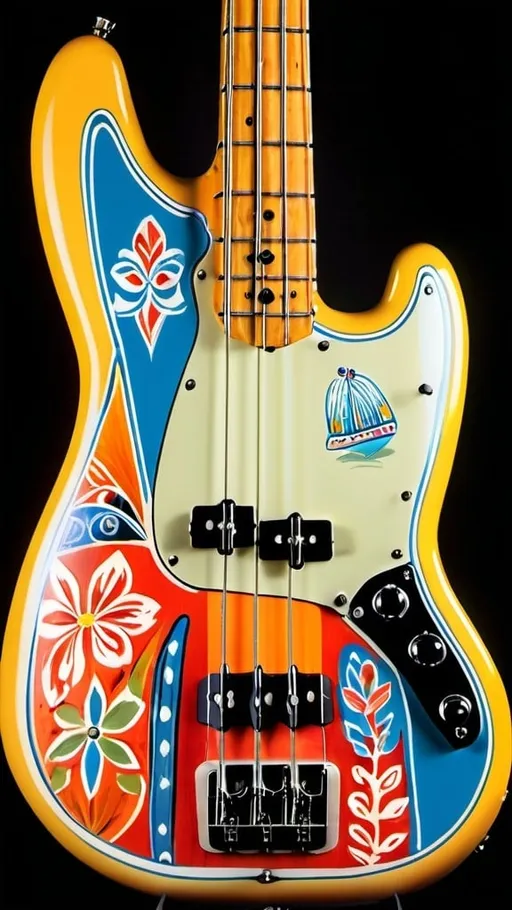 Prompt: A Fender Mustang-style electric bass guitar that was painted like Eastern-European folk art