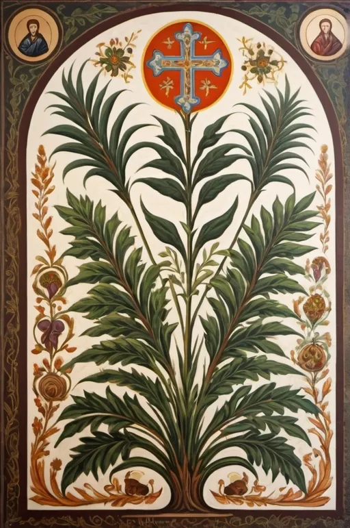 Prompt: A painting in the style of Orthodox church art, with naturalistic designs reminiscent of Mediterranean plants