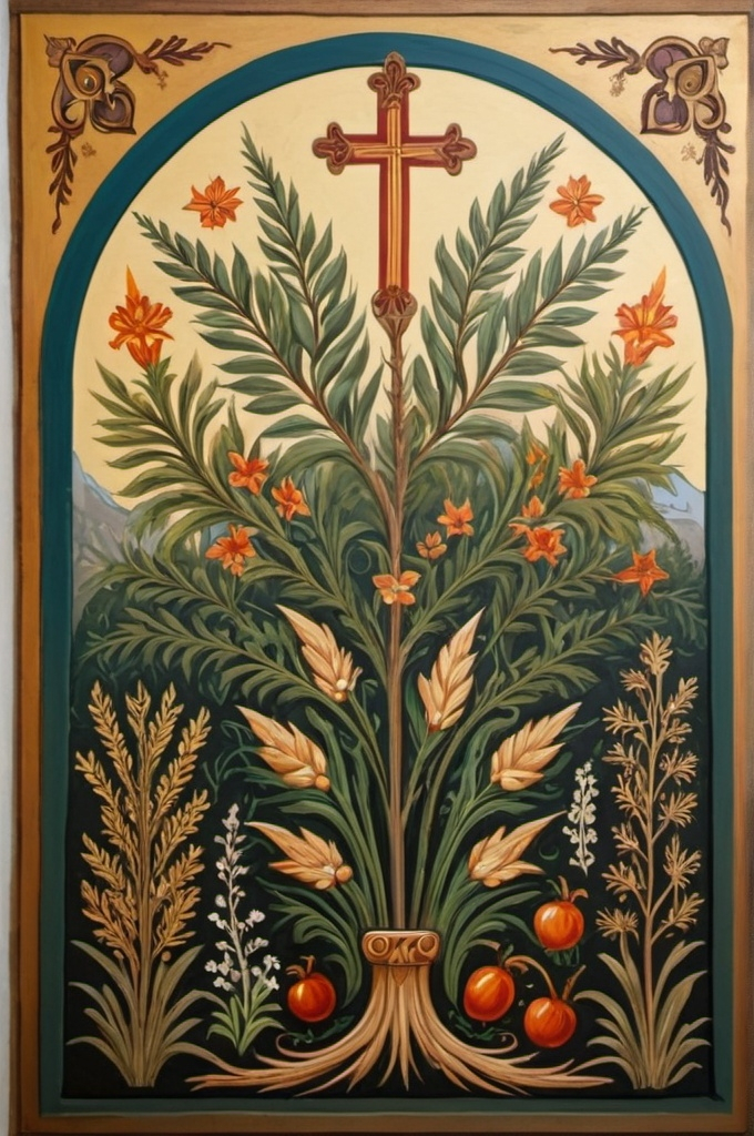 Prompt: A painting in the style of Orthodox church art, with naturalistic designs reminiscent of Mediterranean plants