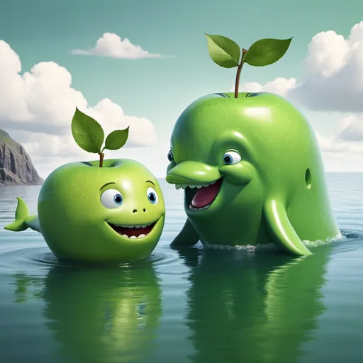 Prompt: a green apple called Mr. Greenie, talking to his friend who is called "The Whale" who is a Whale in the sea.