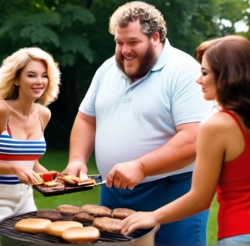 Prompt: a 4th of July birthday scene with a middle aged overweight man with curly hair grilling hamburgers surrounded by beautiful women