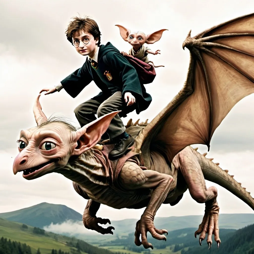 Prompt: harry potter flying on a dragon with dobby