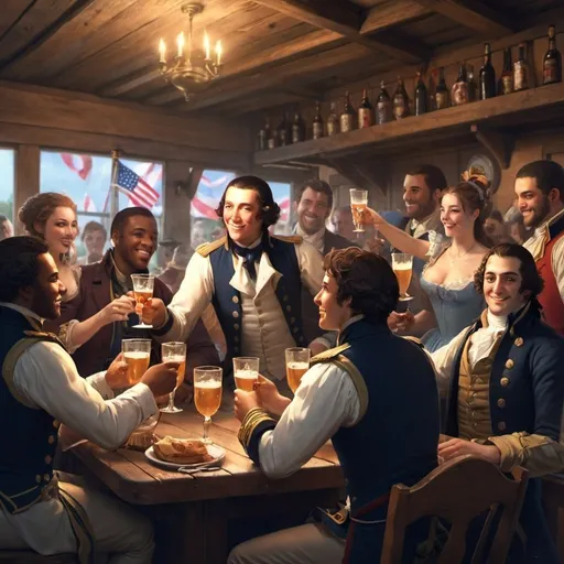 Prompt: Young Lafayette with others in tavern toasting but it’s at the carnival celebrating forth of July and 2024
