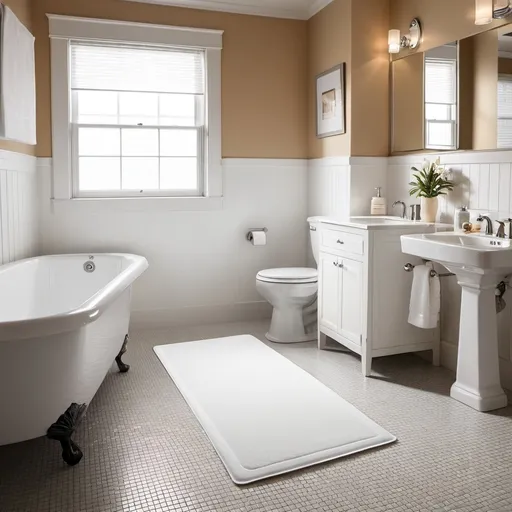 Prompt: In an American bathroom, there is a toilet, a sink and a bathtub. There are three white MATS. There is a toilet mat, there is a white mat under the sink, and there is a long bath mat in front of the bathtub