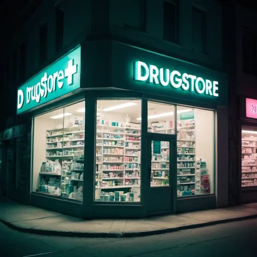Prompt: Drugstore in night city