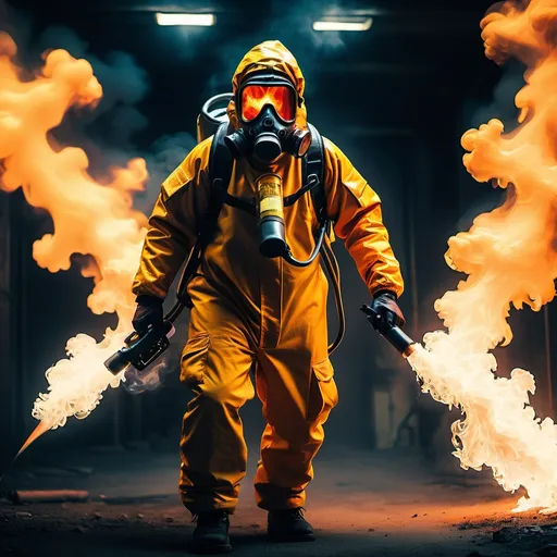 Prompt: (fire) man in a (hazmat suit), wielding a (powerful flame thrower), intense action scene, dramatic lighting, vivid flames, smoke billowing, gritty atmosphere, high tension, (ultra-detailed) environment, sci-fi undertones, shadowy background, ominous vibes, dynamic composition, evocative colors, (4K) quality, gripping and thrilling moment.