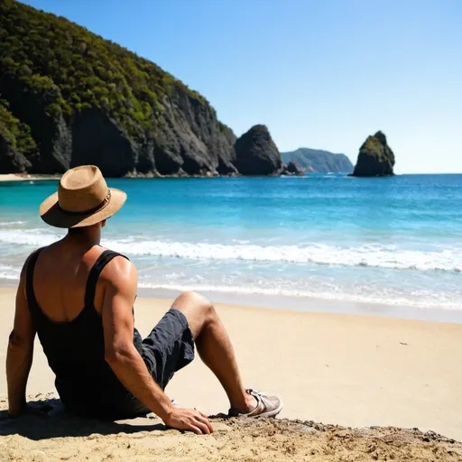 Prompt: Traveller sitting at the beach