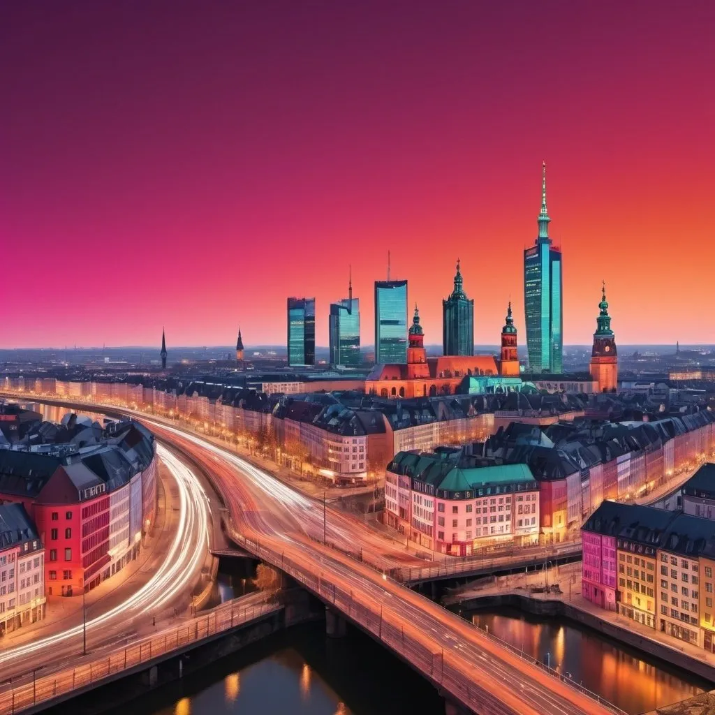 Prompt: create a Teams Background image. 
Involve and IT syteme-landscape. Notebooks, Monitor.
Include the colours orange, red, magenta and turgoise. Image should show processflows. Maybe Skyline mix between Hamburg and Aschaffenburg