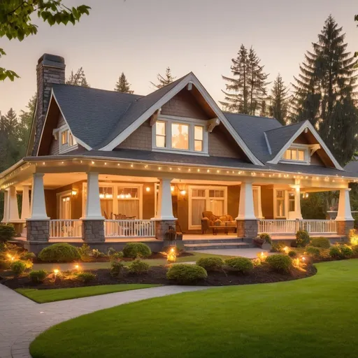 Prompt: Large Cozy luxury craftsmen bungalow estate on a large lot with a wrap around porch, warm tone hang up lights, and surrounding trees. This is a dream home that is warm and inviting. 
