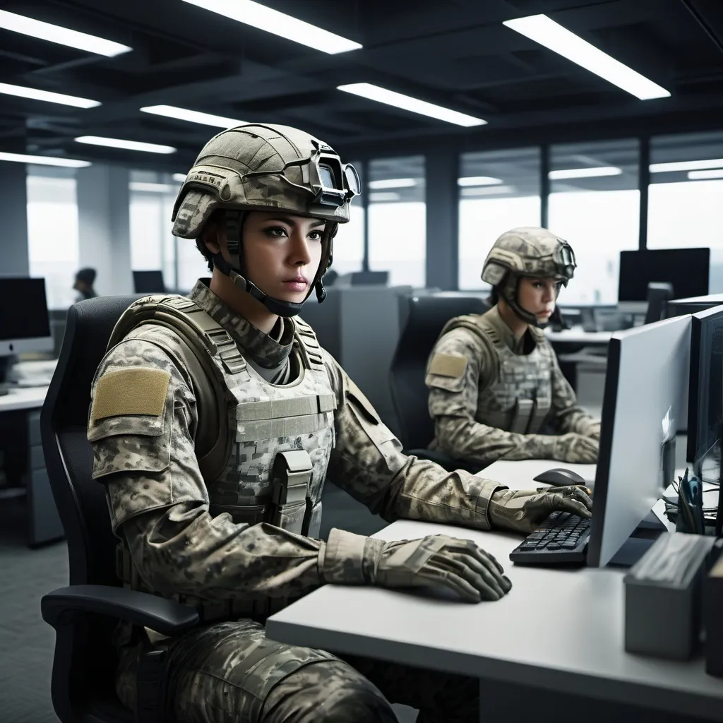 Prompt: Modern open-space office with employees wearing camouflage and war helmets, high-tech warfare setting, military camouflage attire, futuristic office environment, intense and focused work atmosphere, professional, highres, ultra-detailed, futuristic, military, urban, camouflage attire, war helmets, intense atmosphere, modern, professional lighting plusieurs personne et casque de guerre pas casque audio