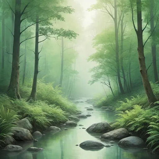Prompt: green misty illustration of a serene forest, charming creek, calming atmosphere, large format print for bedroom, relaxing, high quality, idyllic, misty, forest, charming creek, serene atmosphere, large format print, calming, detailed foliage, professional, atmospheric lighting, soothing colors