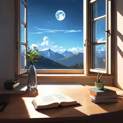 Prompt: open window a desk , a vase on the desk and a book outsiw mountains and the moon