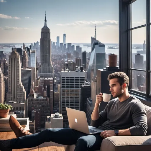 Prompt: make a wallpaper of a succesful guy with nyc background that is motivating and aspirating. guy is sitting inside his luxuary apartment with a cup of coffee and his macbook wile behind a gorgous view is present with New york city landmarks like empire tate building
. the wallpaper shoud be landsape and 4k
