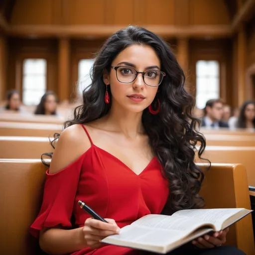 Prompt: Spanish woman in her early 20s studying at a university lecture. She has long, silky black hair that cascades down her back in loose curls and deep brown eyes that glimmer with intelligence and curiosity. She’s wearing a red dress and glasses.