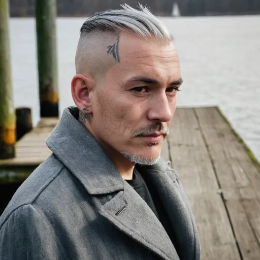 Prompt: Older man with gray hair sides of head shaved tattoos on sides of head wearing long gray coat standing on an old dock