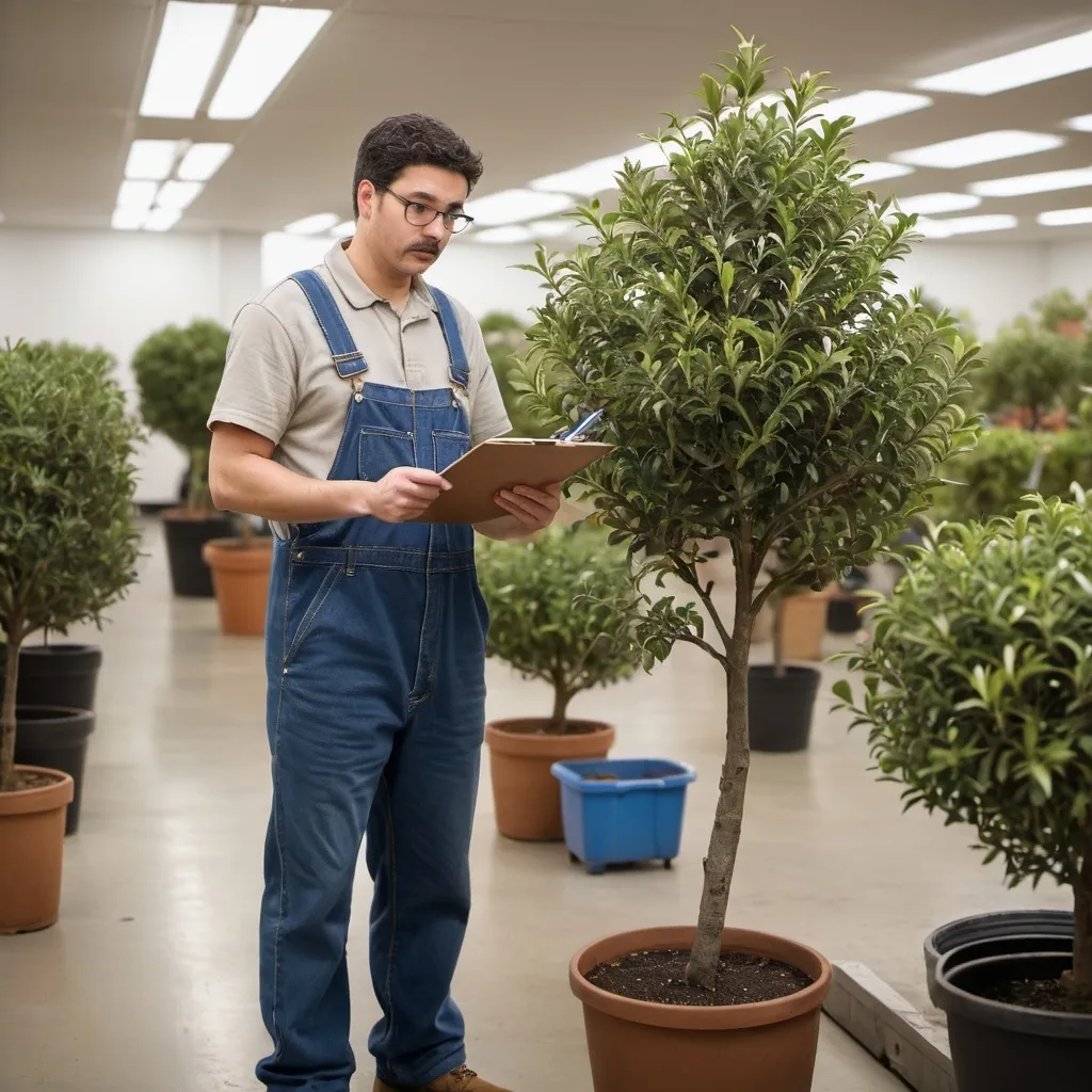 Prompt: a single supervisor holding a clipboard, dressed in overalls,  telling a potted tree that they are late.
