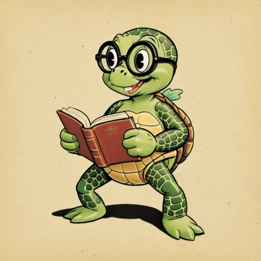 Prompt: 1930s Disney style illustration of a female anthropomorphic turtle, reading a book and wearing glasses 
