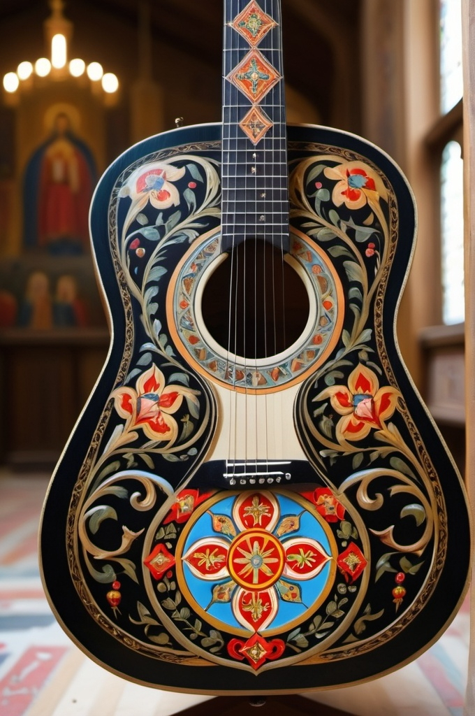 Prompt: The back of a guitar painted in the style of Orthodox church art