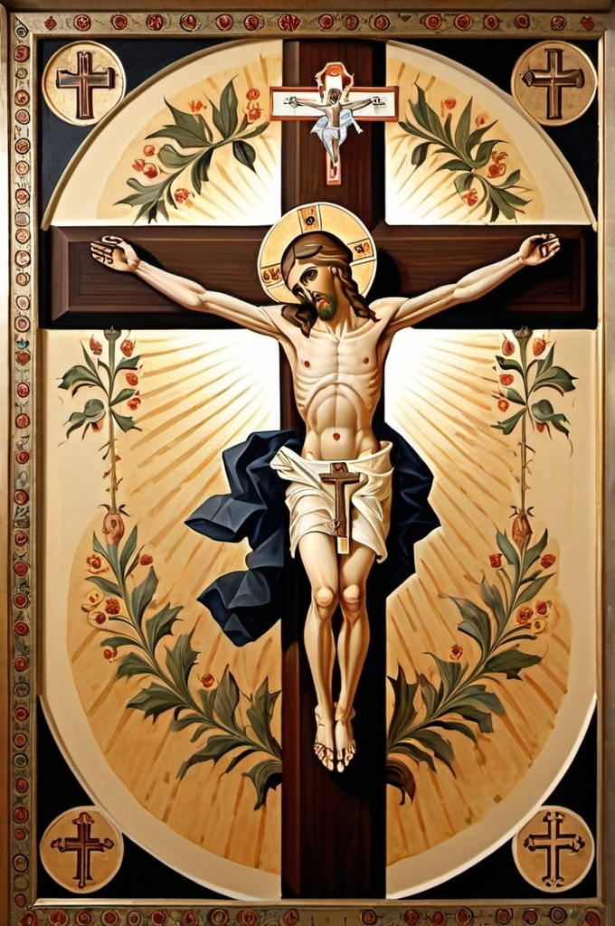 Prompt: A painting of a crucifix in the style of Orthodox church art, incorporating naturalistic designs