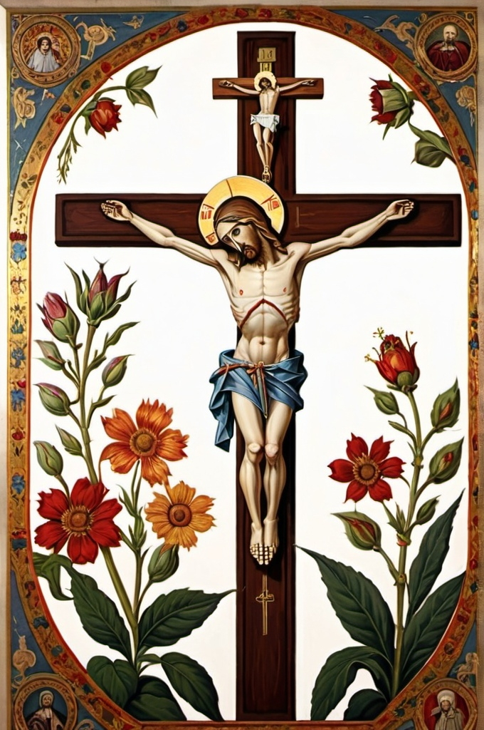 Prompt: A painting of a crucifix in the style of Orthodox church art, making extensive use of naturalistic and plant-based designs