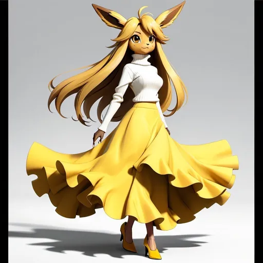 Prompt: Female woman lady anthropomorphic Eevee long hair wearing a white turtleneck sweater and a long elegant yellow ruffle skirt tail heels full body