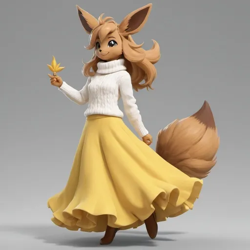Prompt: Female woman lady anthropomorphic Eevee wearing a white turtleneck sweater and a long elegant yellow ruffle skirt tail full body