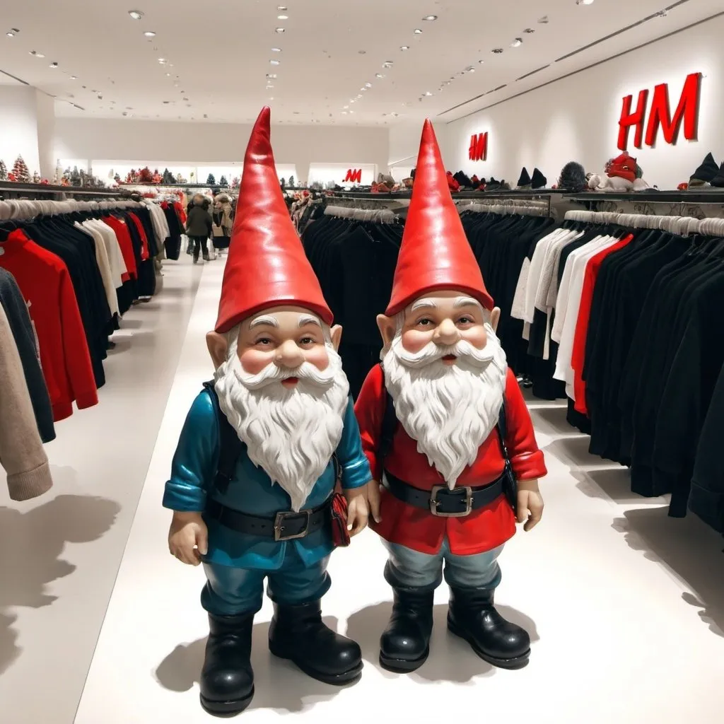 Prompt: Gnomes walking around H&M the shop