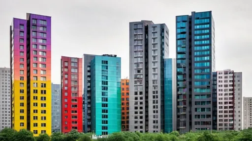 Prompt: Landscape with colorful glas skyscrapers and small gray apartment buildings