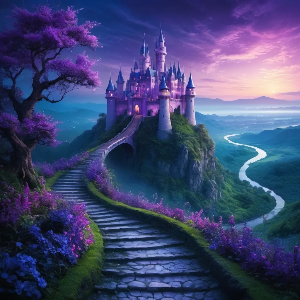 Prompt: Two ways to two different castles, one blue one violet