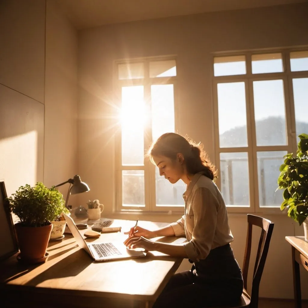 Prompt: woman working remotly in a room with sunlight
