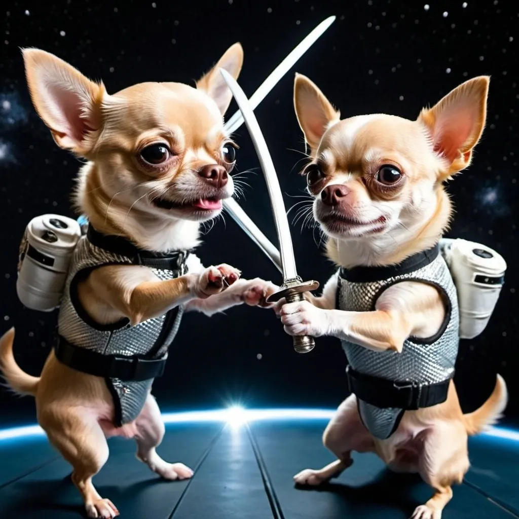 Prompt: Two chihuahuas fighting in space with fencing swords