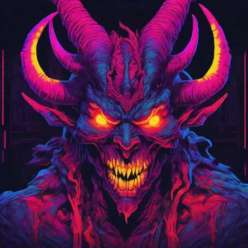 Prompt: Retro 80s artwork of a demonic figure, vibrant neon colors, detailed horns and fangs, glowing eyes, pixel art, high contrast, intense shadowing, demonic presence, retro, 80s, pixel art, neon colors, detailed features, high contrast, demonic, intense lighting