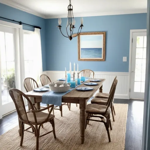 Prompt: beach house coastal dining room with weathered wood dining table, jute rug, soft blue walls with wainscoating on bottom painted white, blue and white candles on table with white dishes, blue and white dining chairs