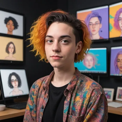 Prompt: A stunning photograph of Alex, a 28-year-old non-binary creative digital artist. In the background, there's a display of digital art and various AI-generated designs. Their posture conveys a dynamic and adaptable spirit. The image captures the essence of Alex's inclusive nature, celebrating diversity and creating a supportive community for all.