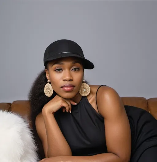 Prompt: a woman sitting on a couch wearing a hat and earrings and a black dress with a white fur stole, Chinwe Chukwuogo-Roy, lyco art, brown skin, a picture