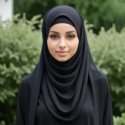 Prompt: A high-quality image of a woman wearing a black loose hijab