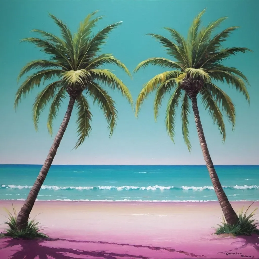 Prompt: 2 palm trees. framing the beach, leaning in towards the water. use pink, blue, turquoise, purple, green, yellow