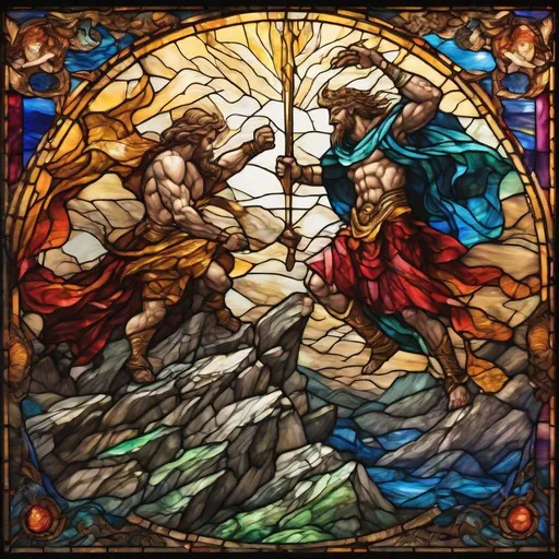 Prompt: Two gods fighting on a mountain, stained glass style, intricate details, vibrant colors, divine energy, mystical atmosphere, intense battle, mythological, ancient, high quality, stained glass, divine, vibrant colors, intricate details, mystical atmosphere, intense battle, ancient, mythical, mountain scenery