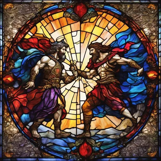 Prompt: Two gods fighting on a mountain, stained glass style, vibrant colors, intricate details, divine energy, epic battle, high contrast, mystical atmosphere, mythical, stained glass, vibrant colors, intricate details, divine energy, epic battle, high contrast, mystical atmosphere