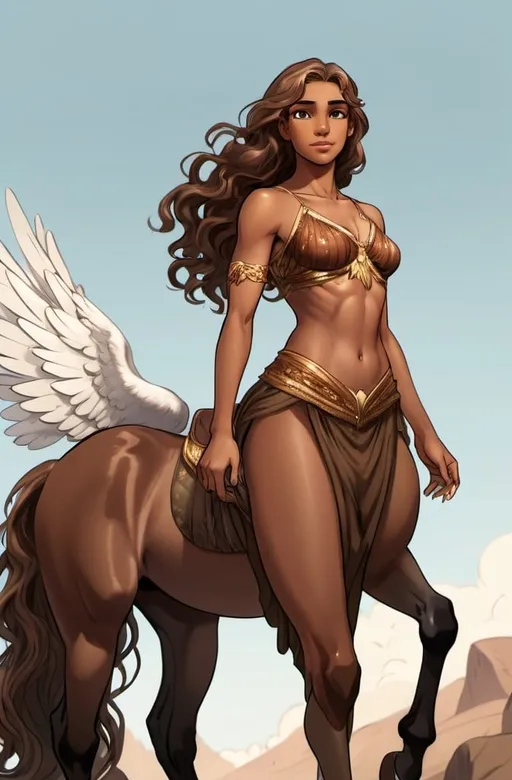 Prompt: a brown female centaur, half horse half human, with long brown wavy hair, with wings and clothes on