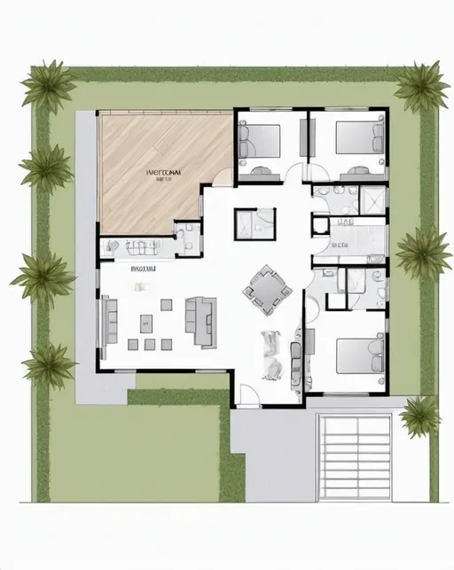 Prompt: luxury home floorplan, backyard, frontyard,, 2D vector illustrations, high quality, detailed layout, modern design, professional style, minimalistic, precise lines, clean and crisp, luxurious space, top-notch, well-crafted, artistic floorplan, spacious layout, accurate representation, high-res, polished, architectural, detailed home, clear and precise, professional vector illustration, organized and efficient, minimalistic design. Create house floor plan 2d. house is modern, clear, luxury. it’s at coner, length 26m, width 8m. double stories house. Level 1: 2 bedrooms, bathroom, small open kitchen with lounge, entrance from the small side. Main entrance from big side will go to double garage, big open kitchen with lounge, bathroom.
