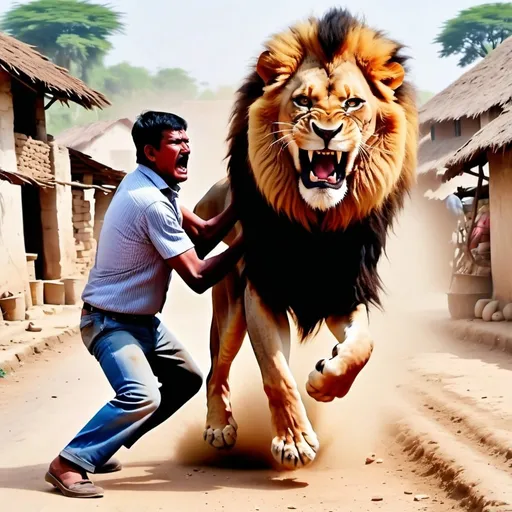 Prompt: A lion attacking a farmer in the middle of village 