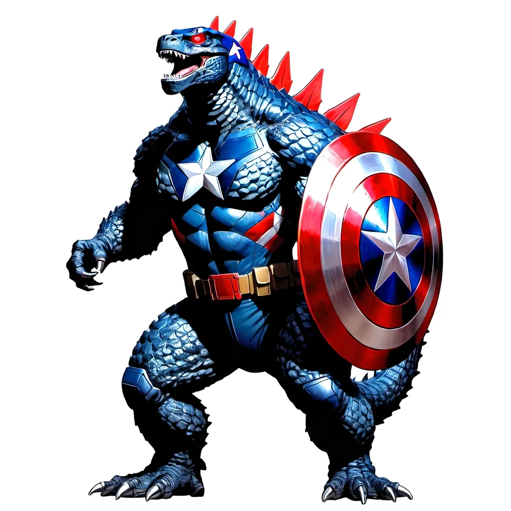 Prompt: Full body image of Godzilla as captain America with shield 