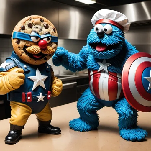 Prompt: Cookie monster as captain America gritty realistic noir with shield and helmet fighting swedish chef as wolverine from xmen