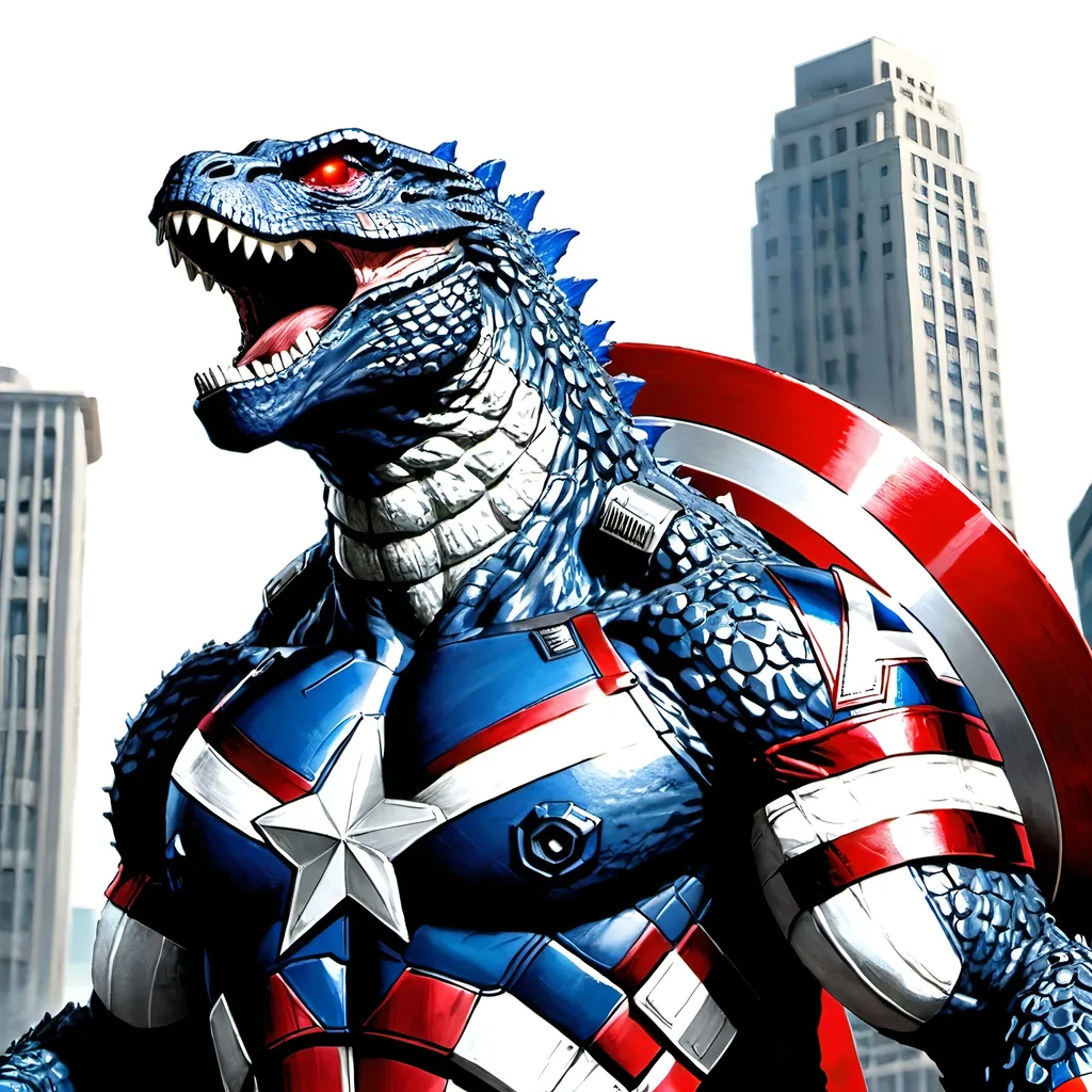 Prompt: Godzilla as captain America holding his shield in his hands
