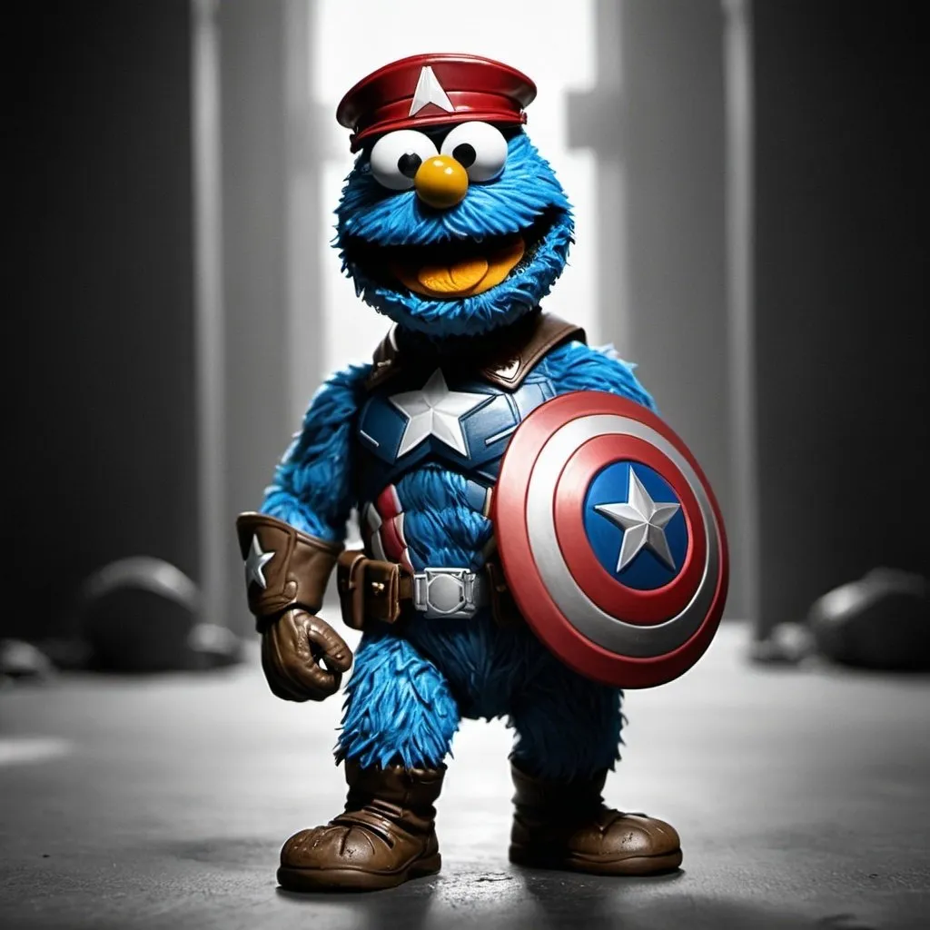 Prompt: Cookie monster as captain America gritty noir with shield
