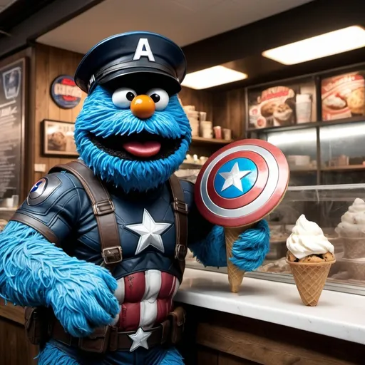 Prompt: Cookie monster as captain America gritty realistic noir with shield and helmet in ice cream shop


